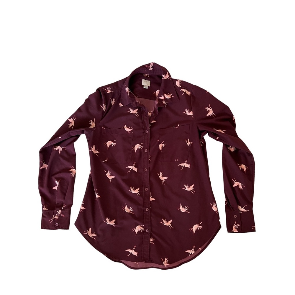 *SALE* A New Day Burgundy Bird Printed Button Down Blouse Size M